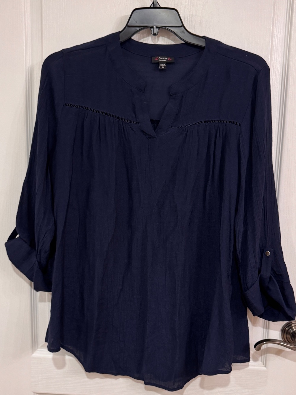 Cocomo Navy Split V-Neck Roll-Tab Blouse